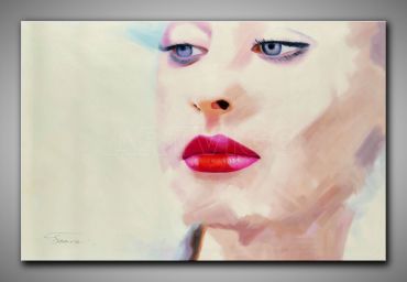 Frauen Portrait mit rot hervorgehobenen Lippen, abstrakt gemalt hellen Farben