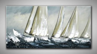 Helles, abstraktes Bild Segelboote kaufen. In Türkis, Weiß und blau gemalt. horizontal, dekoratives Gemälde, 60x120 cm