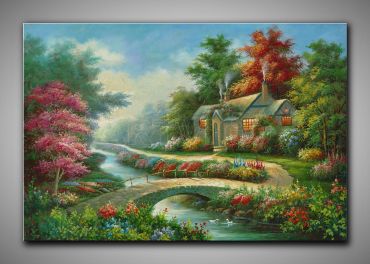 Fröhliches Bild. Landschaft mit Waldweg Cottage und Brücke, dekoratives Gemälde, 60x90 cm