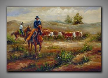Landschaft mit Cowboys und Rindern, dekoratives Gemälde, 60x90 cm