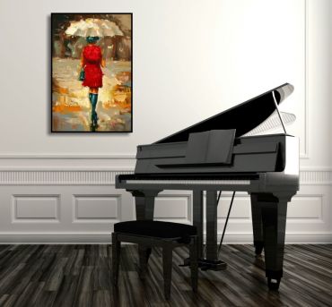 Musikzimmer mit Flügel vor einer hellen Wand. Dekorationsbeispiel ein eingerahmtes Bild Frau mit rotem Kleid und Schirm