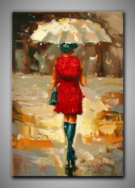 dg3-1044, Frau in Rot mit Schirm, Ölgemälde, 90x60 cm