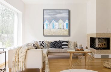 Helles Wohnzimmer mit Eckkaminl. Dekoration Beispiel Landschaft am Meer