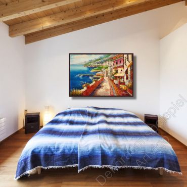 Schlafzimmer mit einem warmen, fröhlichen Wandbild mit Italien im Schattenfugen Rahmen
