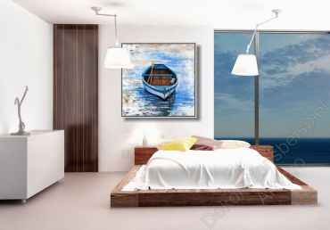 Preview: Stylishes Schlafzimmer. Zur Dekoration hängt ein maritimes Bild mit Schattenfugenrahmen über dem Bett