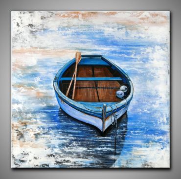 Echtes, maritimes Bild in kühlen Farben, Ruderboot und Küste gespachtelt