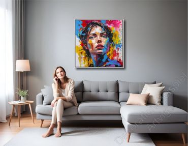 Stylishes Wohnzimmer. Als Hingucker hängt ein farbenfrohes Portrait mit Schattenfugenrahmen über dem Sofa