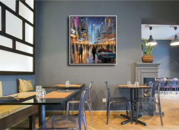 Restaurant mit einem stimmungsvollen, düsteren Wandbild mit SF-Stadt im Schattenfugen Rahmen