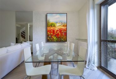 Wohnzimmer mit einem detailreichen, warmen Wandbild mit Italienischer Landschaft