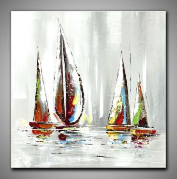 Helles, abstraktes Bild Segelboote kaufen. In Türkis, Weiß und blau gemalt. Quadrat, dekoratives Gemälde, 90x90 cm