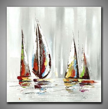 Helles, abstraktes Bild Segelboote kaufen. In Türkis, Weiß und blau gemalt. Quadrat, dekoratives Gemälde, 90x90 cm