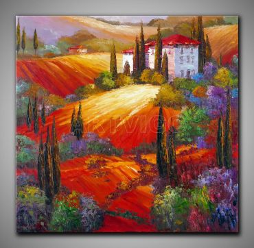 Warmes Bild. Landschaft mit Klatschmohn kleinen Häusern, dekoratives Gemälde, 60x90 cm