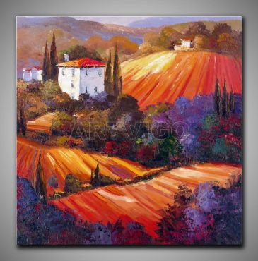 Warmes Bild. Landschaft mit Klatschmohn kleinen Häusern, dekoratives Gemälde, 60x90 cm