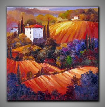 Warmes Bild. Landschaft mit Klatschmohn kleinen Häusern, dekoratives Gemälde, 60x90 cm