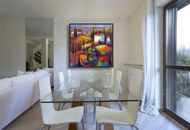 Esszimmer mit einem detailreichen, warmen Wandbild mit Italienischer Landschaft
