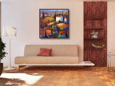 Wohnzimmer mit einem stimmungsvollen Wandbild mit Klatschmohn im Schattenfugenrahmen an der Wand