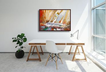 Arbeitszimmer mit einem abstrakten, Gemälde mit Schiffen, eingerahmt