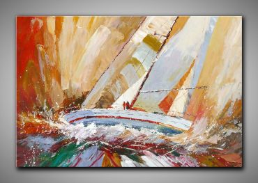 Helles, abstraktes Bild Segelboote kaufen. In Türkis, Weiß und blau gemalt. Quadrat, dekoratives Gemälde, 90x90 cm