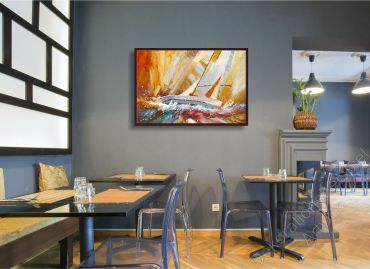 Preview: Restaurant mit einem abstrakten, fröhlichen Wandbild mit Segelbooten im Bilderrahmen