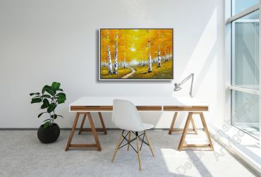 Stilvolles Homeoffice. Zur Dekoration hängt ein original Bild. Landschaft mit kräftigen Farben