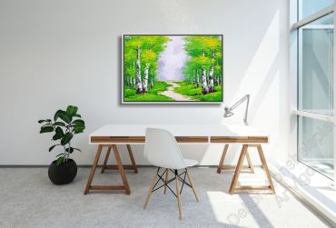 Stilvolles Homeoffice. Zur Dekoration hängt ein original Bild. Landschaft mit kräftigen Farben