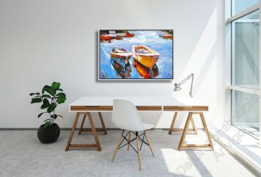 Arbeitszimmer mit einem abstrakten,  maritim gemalten Wandbild