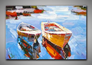 Echtes, maritimes Bild in kühlen Farben, Ruderboot und Küste gespachtelt