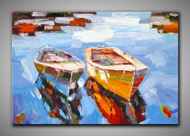 Echtes, maritimes Bild in kühlen Farben, Ruderboot und Küste gespachtelt