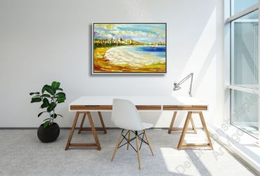 Arbeitszimmer mit einem abstrakten,  maritim gemalten Wandbild