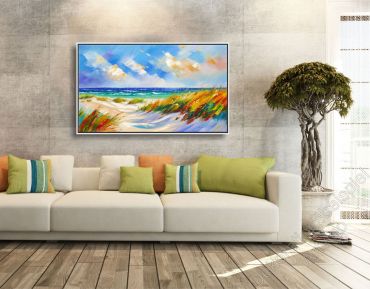 Preview: Sitzecke mit Vinylfussboden. Als Dekoration ein Strandgemälde. Küste im Bilderrahmen.