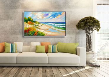 Preview: Sitzecke mit Vinylfussboden. Als Dekoration ein Strandgemälde. Küste im Bilderrahmen.