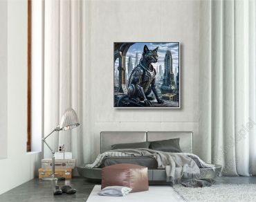 Loft mit einem kühlen, SF Wandbild mit einer mechanischen Katze im Schattenfugenrahmen