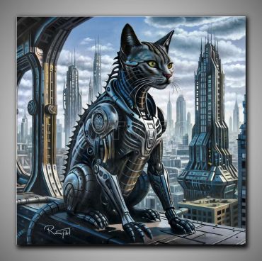 Stimmungsvolles, Science-Fiction Scene einer Cyberpunk Katze. In kühlen Farben gemalt.