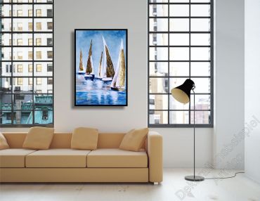 Modernes Loft mit Industriefenstern. Zur Dekoration hängt ein maritimes Bild mit Schattenfugenrahmen an der Wand