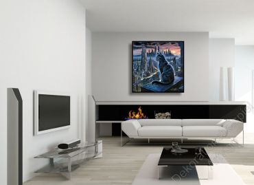 Kamin im Wohnzimmer mit einem stimmungsvollen, düsteren Wandbild mit SF-Stadt im Schattenfugen Rahmen