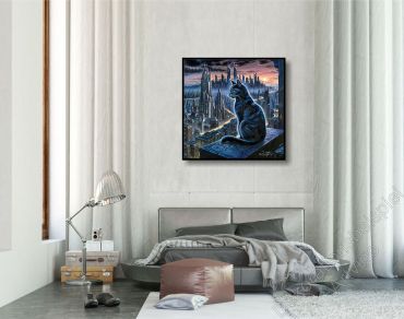 Loft mit einem kühlen, SF Wandbild mit einer schwarzen Katze im Schattenfugenrahmen