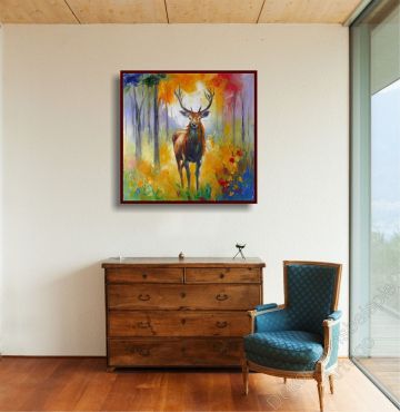 Preview: Helles Wohnzimmer mit Komode. An der Wand hängt ein Hirsch mit Geweih, modern gemalt.