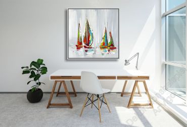 Arbeitszimmer mit einem abstrakten, Gemälde mit Schiffen im Schattenfugenrahmen