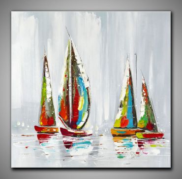 Helles, abstraktes Bild Segelboote kaufen. In Türkis, Weiß und blau gemalt. Quadrat, dekoratives Gemälde, 90x90 cm