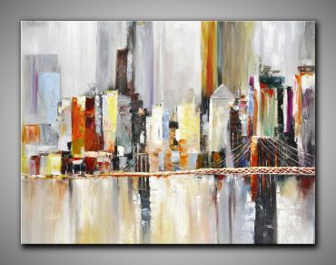 Abstrakte Stadt. Gemälde in warmen Farben. Hochhäuser in einer Stadt