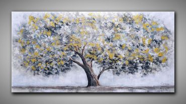 Großformatiges Ölgemälde majestätischer Baum 150x75 cm mit goldenen Blättern silbernem Nebel und türkisfarbenen Akzenten