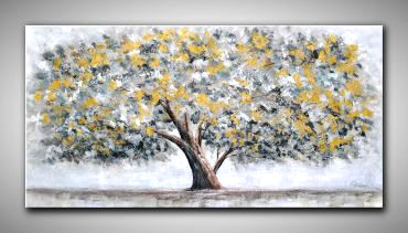Großformatiges Ölgemälde majestätischer Baum 150x75 cm mit goldenen Blättern silbernem Nebel und türkisfarbenen Akzenten