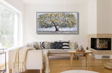 Preview: Wohnzimmer mit Eckkamin. An der Wand hängt ein Ölgemälde von einem großen Baum im Bilderrahmen