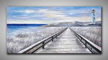 Großformatiges Ölgemälde Panorama mit Leuchtturm150x75 cm mit viel Struktur gemalt