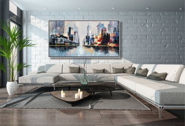 Minimalistisches Wohnzimmer mit grauer Wand. An der Wand hängt ein Ölgemälde Skyline bei Nacht im Bilderrahmen