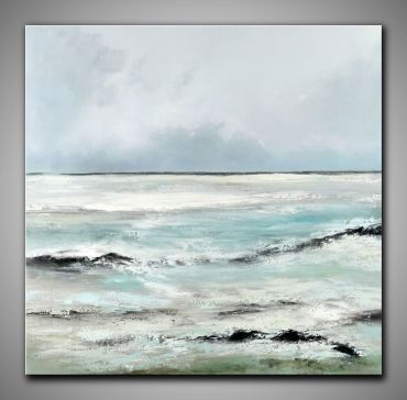 Helles, abstraktes Strandbild mit  Ruhe kaufen. In hellen und kühlen Fraben gemalt.