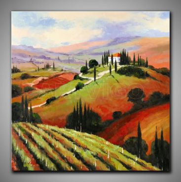 Warmes Bild. Landschaft mit Klatschmohn kleinen Häusern, dekoratives Gemälde, 60x90 cm