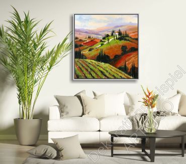Wohnzimmer mit einem detailreichen, warmen Wandbild mit Italienischer Landschaft