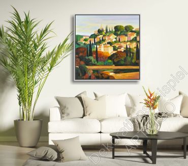 Wohnzimmer mit einem detailreichen, warmen Wandbild mit Italienischer Landschaft