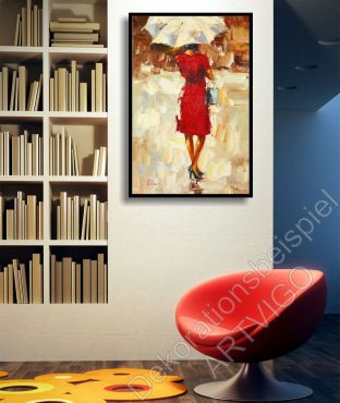 Preview: 70er Jahre Deko. An der Wand hängt ein eingerahmtes Bild. Frau mit rotem Kleid, Schirm und Stöckelschuhen.